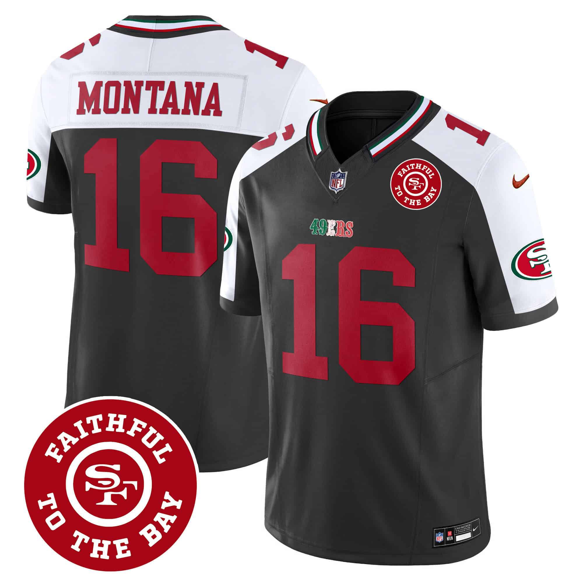 Men San Francisco 49ers 16 Montana Black 2024 Nike Mexico Faithful To The Bay Patch Vapor NFL Jersey style 1
